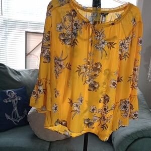 Unique Spectrum Gold Ruffled 3/4 Sleeve  Floral Print Blouse, Sheer, New 3X